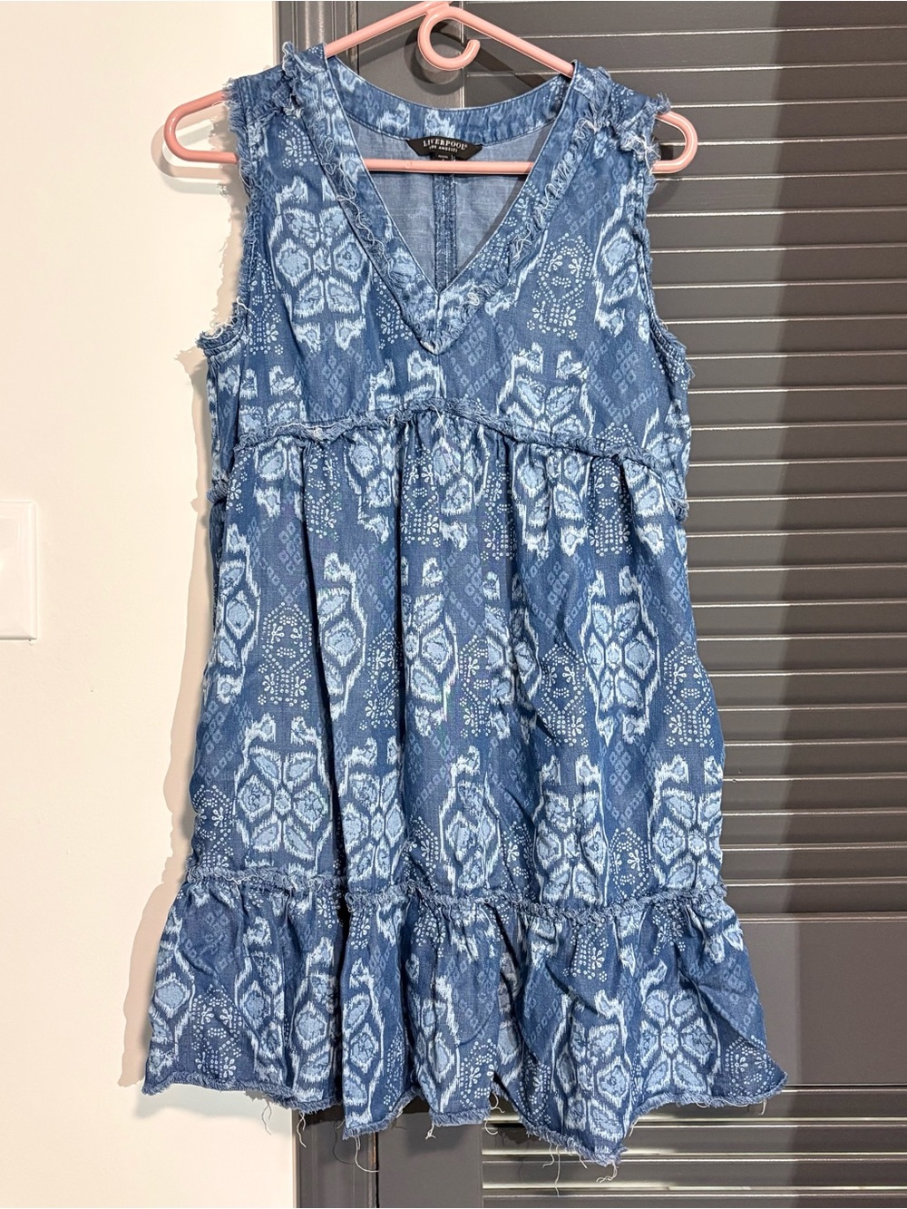 Liverpool Los Angeles V-Neck Frayed-Ruffle Tribal Print Swing Dress